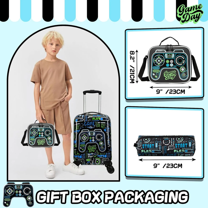 Kids Carry On Luggage Set Wheels Suitcase Backpack Pillow Boys Black Travel3