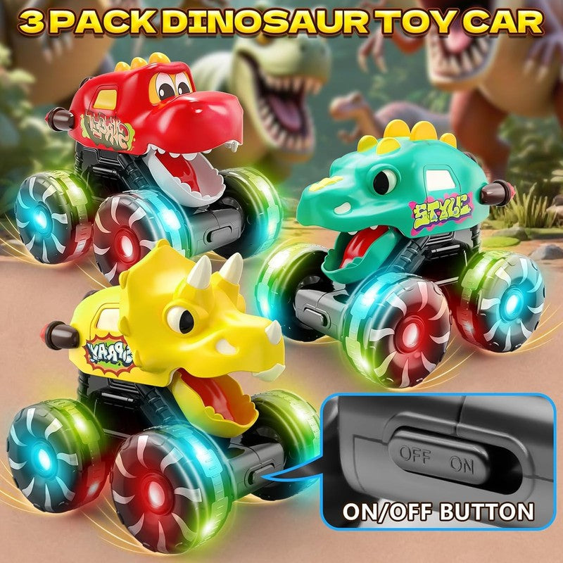 3 Pack Dinosaur Car Toys for Kids Toddlers, Light up Wheels Monster Truck Toys f5
