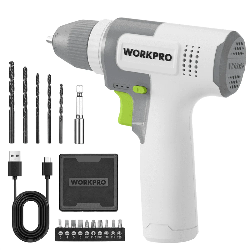 8V Cordless Drill Driver Set 2Ah 3/8in Keyless Chuck 15Pc Bits USB C White9
