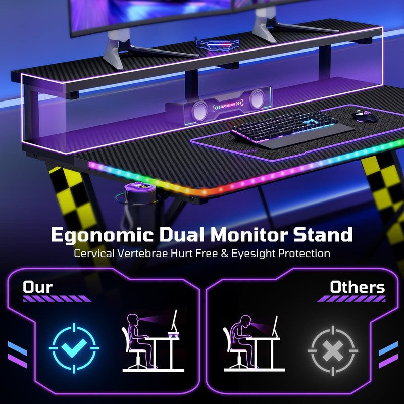 43" X-Shaped Gaming Desk Music Sync LED with Monitor Stand Yellow Racing7