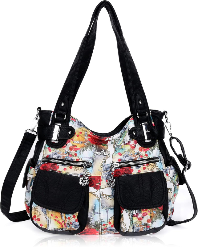 Women'S Designer Handbag Large Double Zipper Multi Pocket Washed Leather Purse8