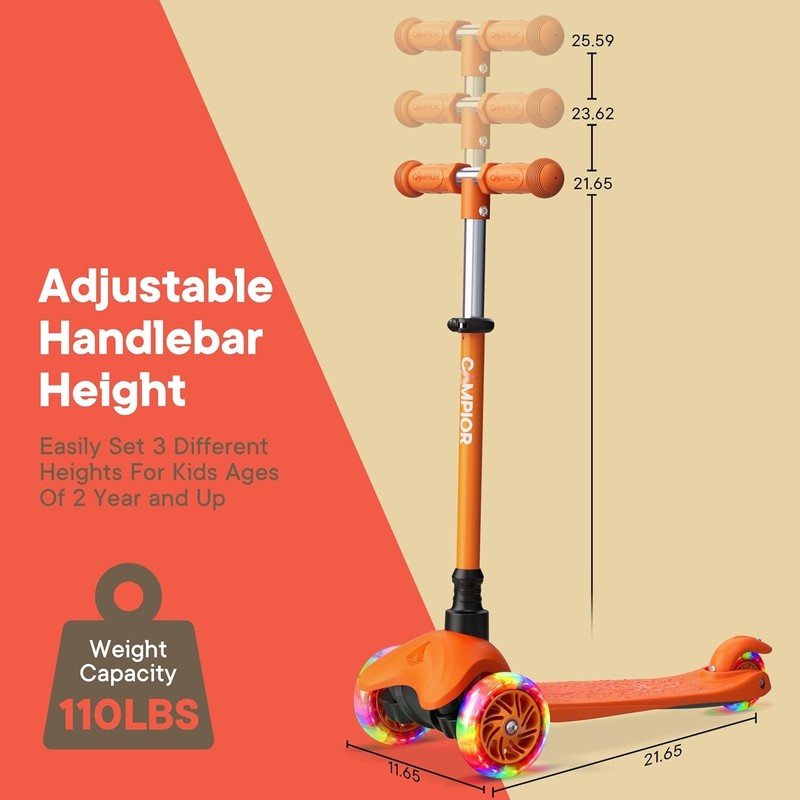 Kids 3 Wheel Scooter Lean to Steer LED Wheels Adjustable Handlebar Orange5