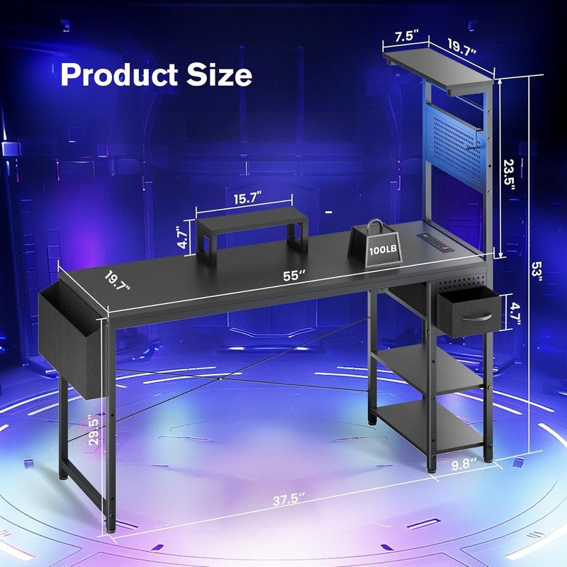 55" Gaming Desk w/ Adjustable Storage Rack, LED Lights & Power Outlets2