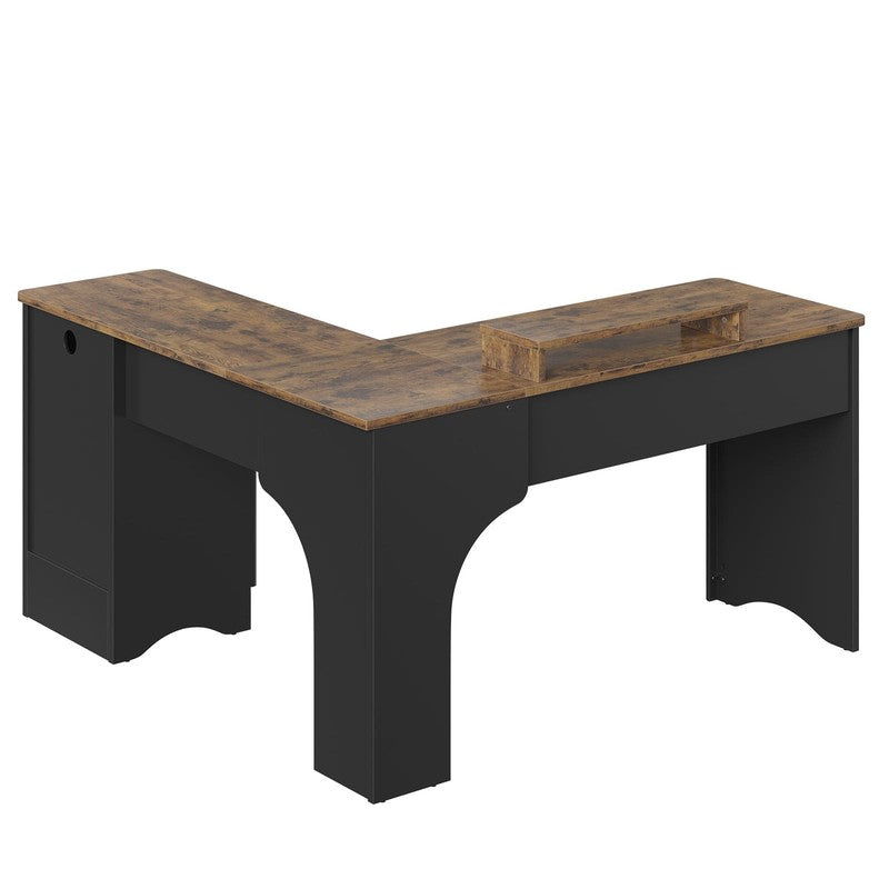 55" L-Shaped Desk with Drawers, Monitor Stand & Fluted Panels Black/Rustic11
