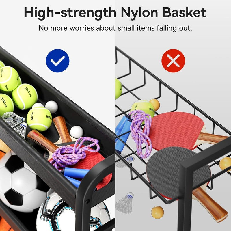 Sports Equipment Organizer, Rolling Ball Storage Cart with Locking Wheels, Hooks3