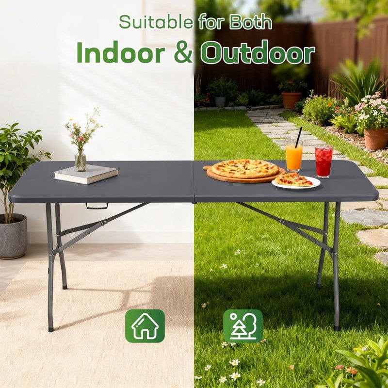 6 Foot Folding Table with Handle Heavy Duty Plastic Party Table Gray Indoor Outd1
