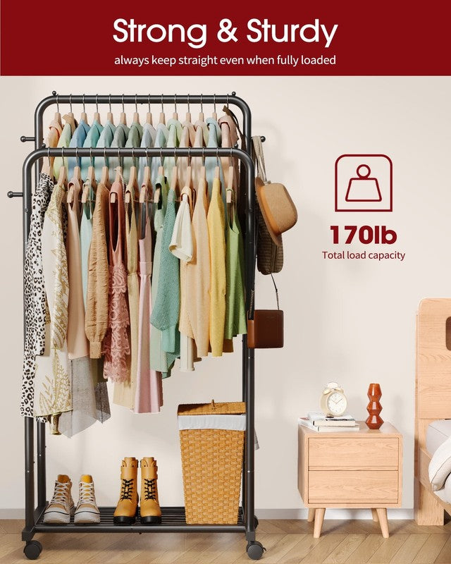 Double-Rod Clothes Rack with Hooks & Mesh Shelf Portable Hanger Black1