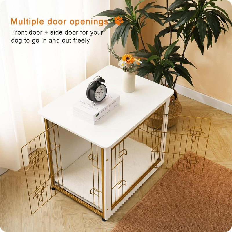Dog Crate Furniture Table w/Cushion Wooden Kennel Double Door 27.2" White1