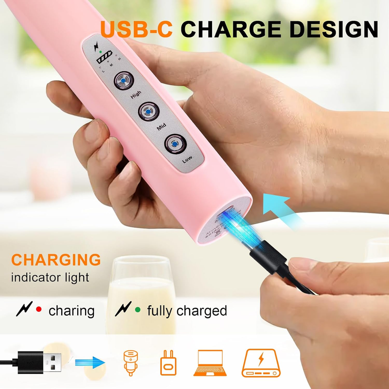 Milk Frother Handheld USB Rechargeable 3 Speed 3 Heads Coffee Whisk Pink1