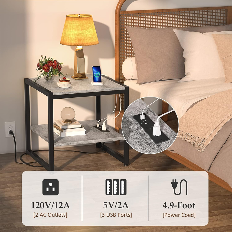 End Table with Charging Station, 20 Inch Square Side Table with USB Ports & Powe3