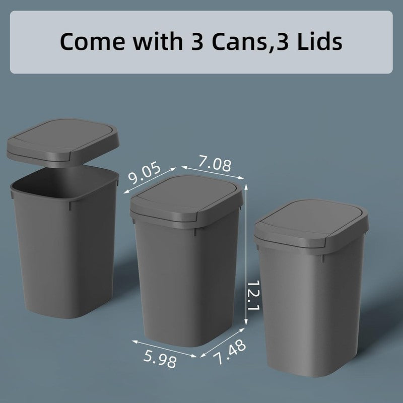 3-Pack 2.6 Gal Slim Trash Cans with Pop-Up Lid, Gray Plastic Waste Bins5