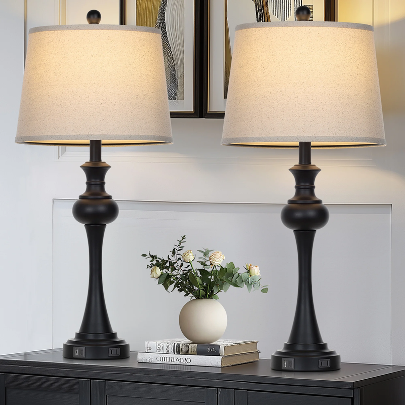 Set of 2 3 Way Dimmable Tall Table Lamps USB A+C Ports AC Outlet Industrial Blac9