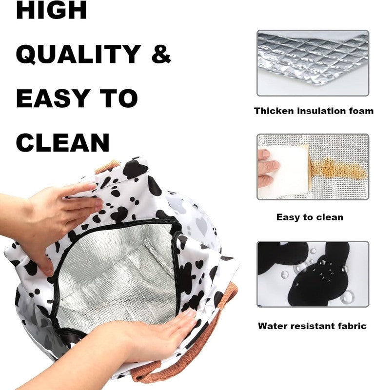 Insulated Lunch Bag Women Men Leakproof Large Cooler Tote w Bottle Holder Cow3