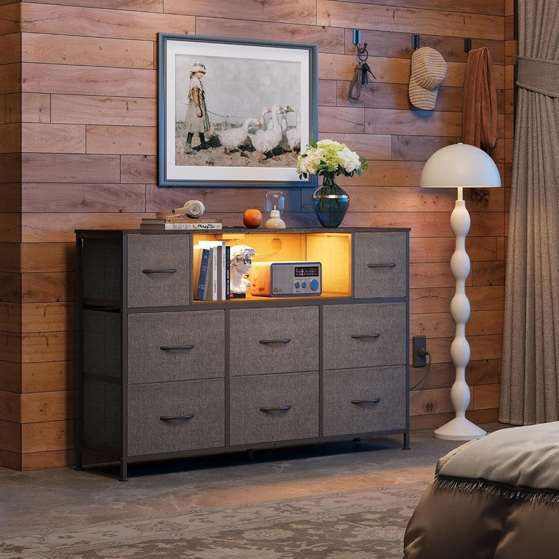 Grey TV Stand Dresser LED Lights Charging Station 8 Fabric Drawers Open Shelves1