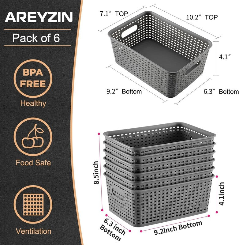 6 Pack Plastic Storage Bins with Lids, Stackable Organizer Baskets Grey2