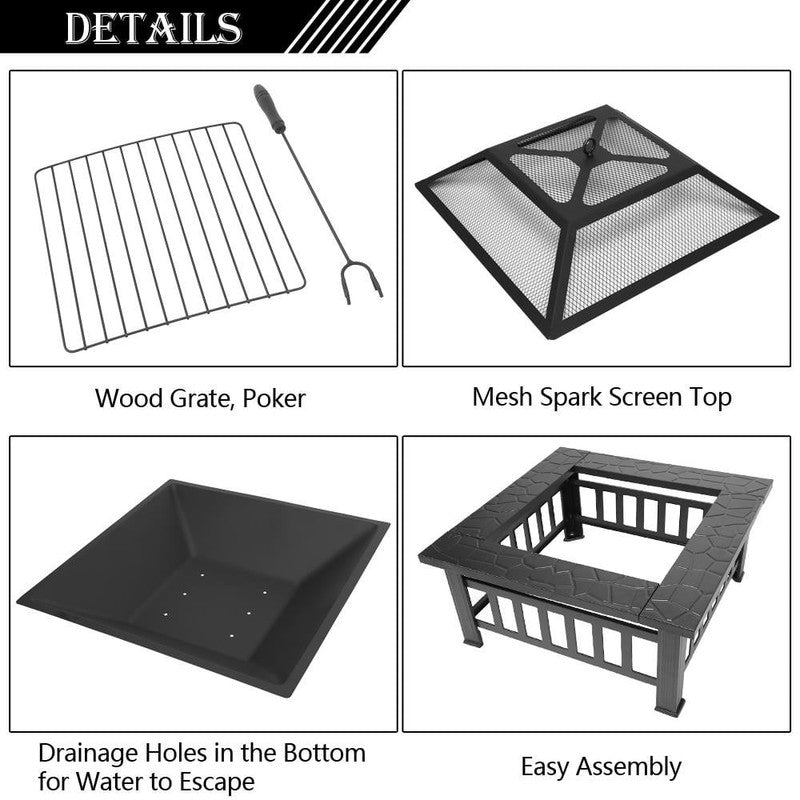 Wooden 32" Metal Fire Pit Patio Garden Square3