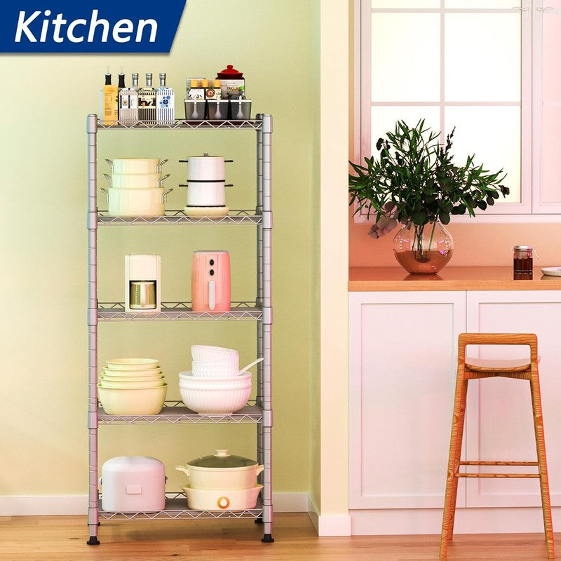 Adjustable 5 Wire Metal Storage Rack for Laundry, Kitchen, and Closet   Silver1