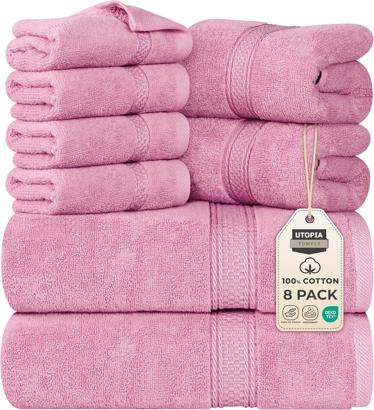 8 Piece Towel Set Pink 100% Cotton 600 GSM Bath Hand Wash Towels Absorbent9