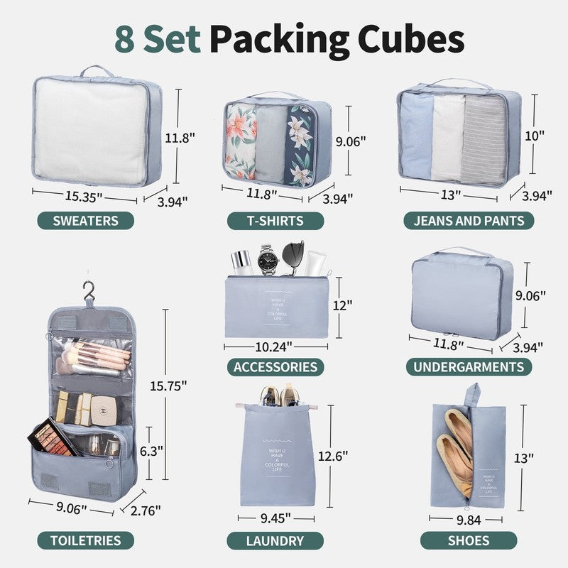 5 Piece Luggage Set with 8 Packing Cubes, Hard Shell Suitcase Set with Spinner W2