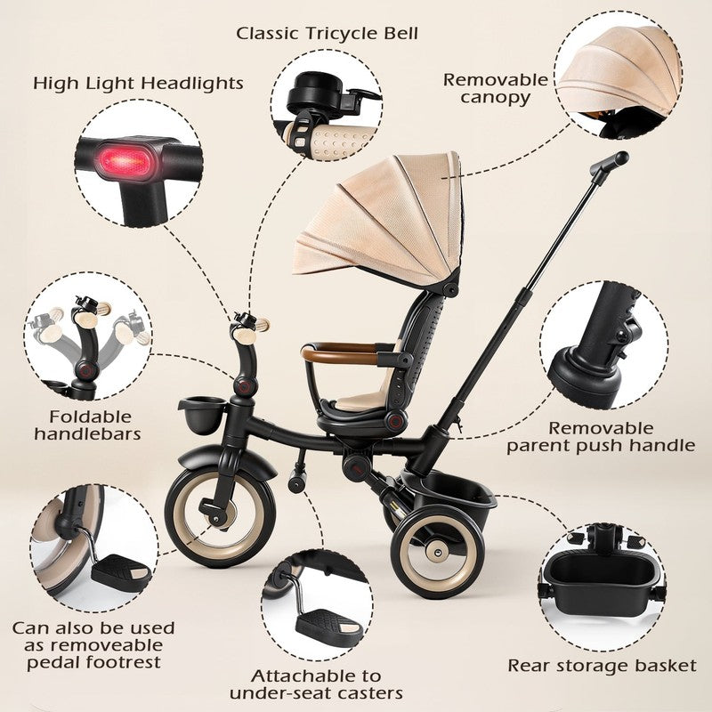 7 in 1 Foldable Tricycle Stroller for Toddler, Baby Tricycle with Adjustable Can9