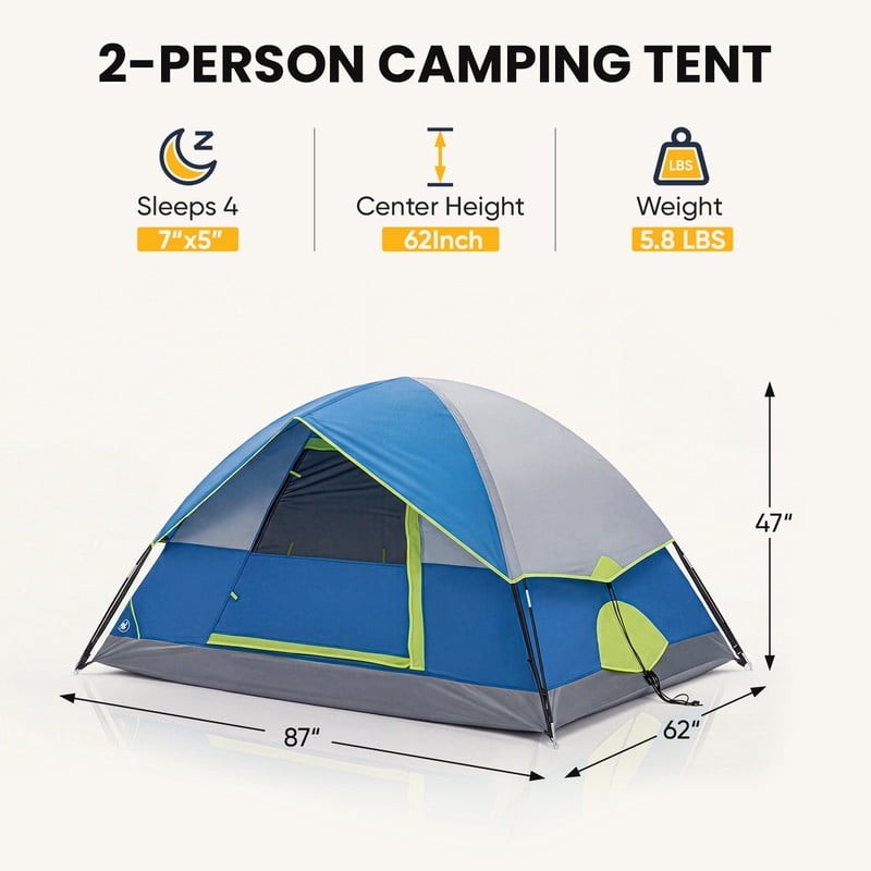 2 Person Waterproof Camping Tent with Rainfly, Easy Setup Dome Tent with Mesh Wi1