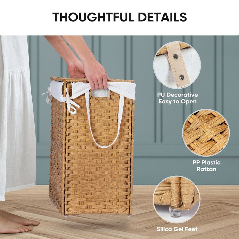90L Handwoven PP Rattan Laundry Basket w/ Lid, Handle, Foldable, Removable Liner2