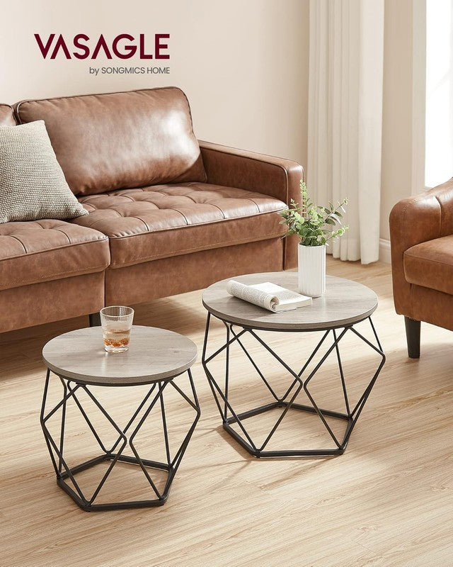 Small Round Coffee Table Set of 2 Steel Frame Side End Tables Greige Black1