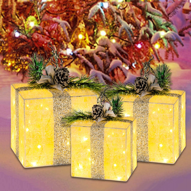 Set of 3 Christmas Lighted Gift Boxes, Plug in 60 LED Light up Tinsel Present Bo3