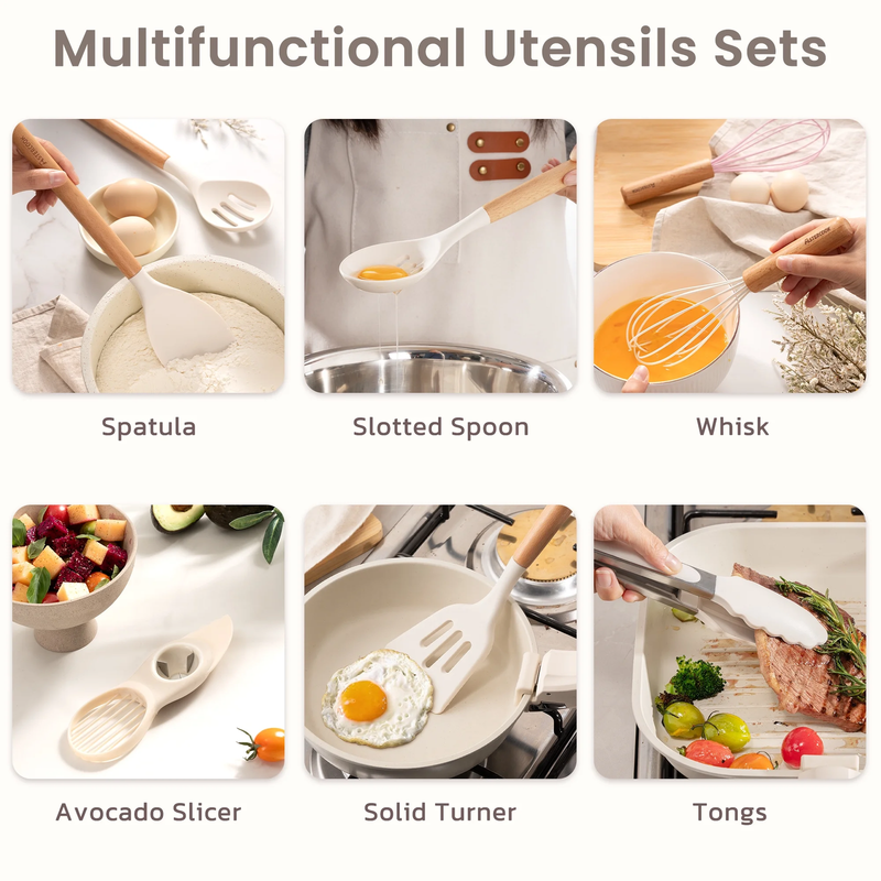 38PCS Silicone Kitchen Utensil Set Wooden Handle Heat Resistant White7
