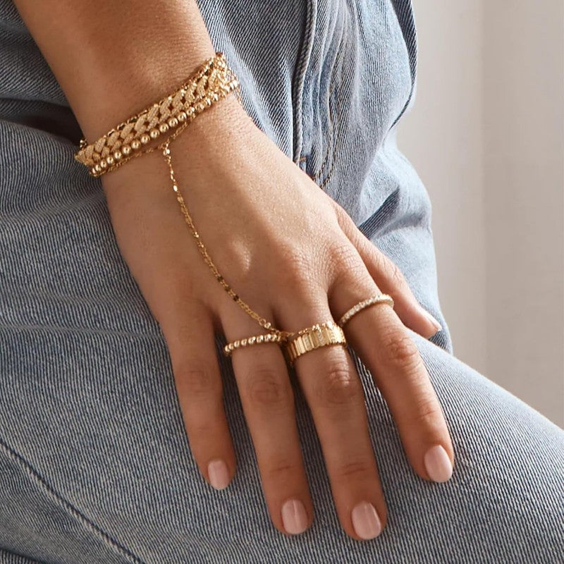 14K Gold Plated CZ Link Hand Chain Bracelet Set, 2 Pcs Jewelry for Women6