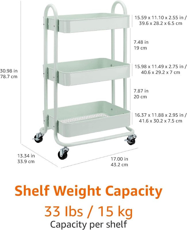 3-Tier Metal Rolling Utility or Kitchen Cart - Mint Green4