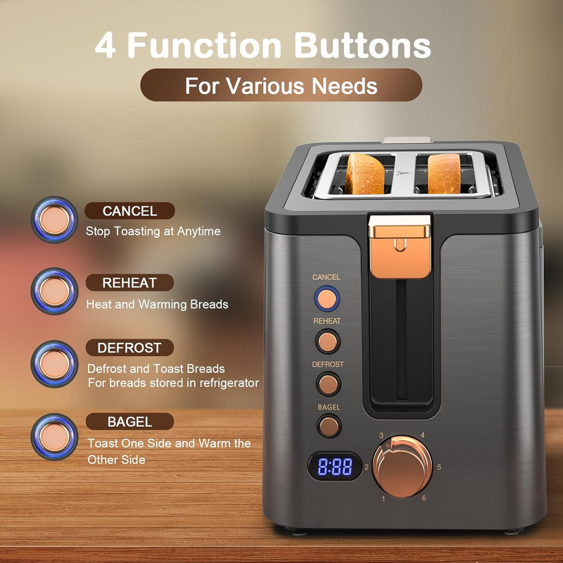 Grey 2-Slice Toaster Stainless Steel - Bagel, Defrost, Reheat, Timer, 6 Shade4