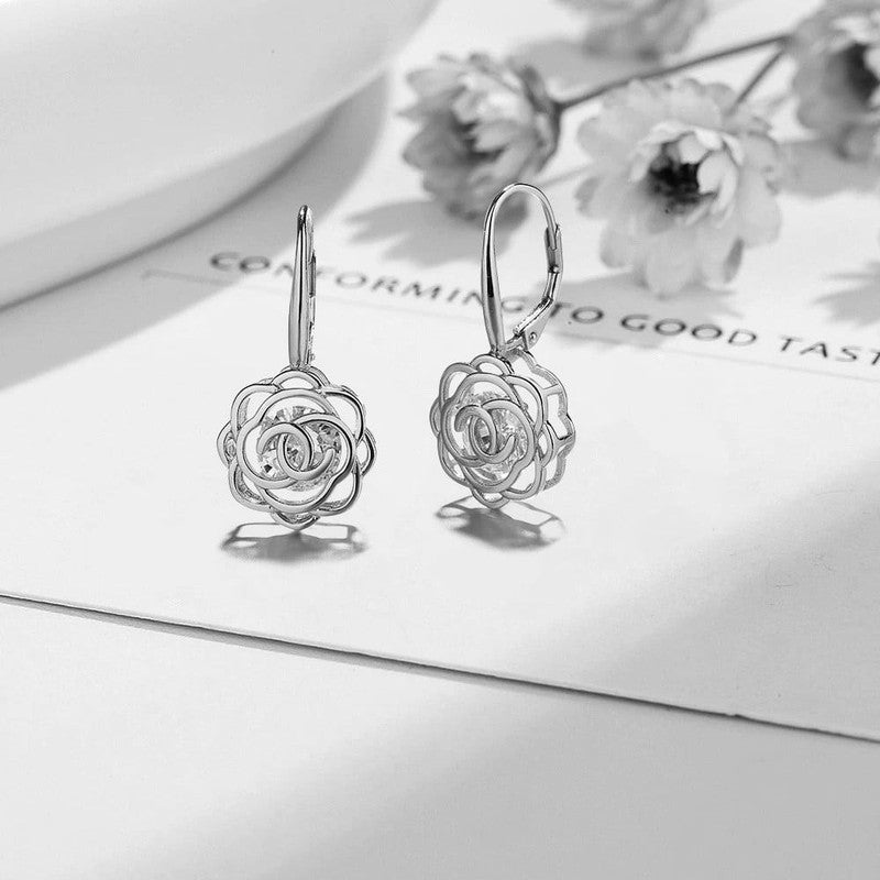 14K White Gold Plated Caged with Crystals Rose Lever Back Earrings1