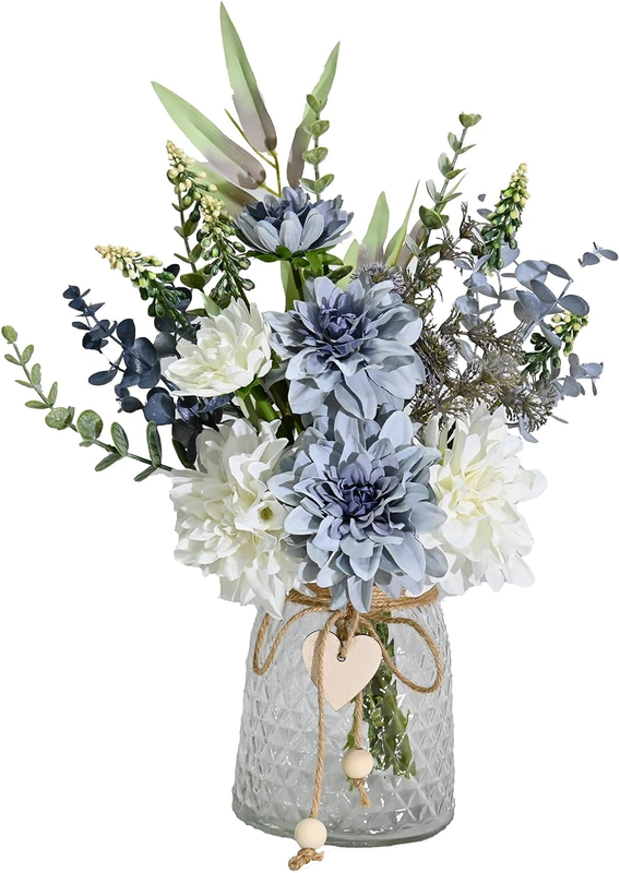 Artificial Dahlia Flowers Blue White with Vase Eucalyptus Table Centerpiece9