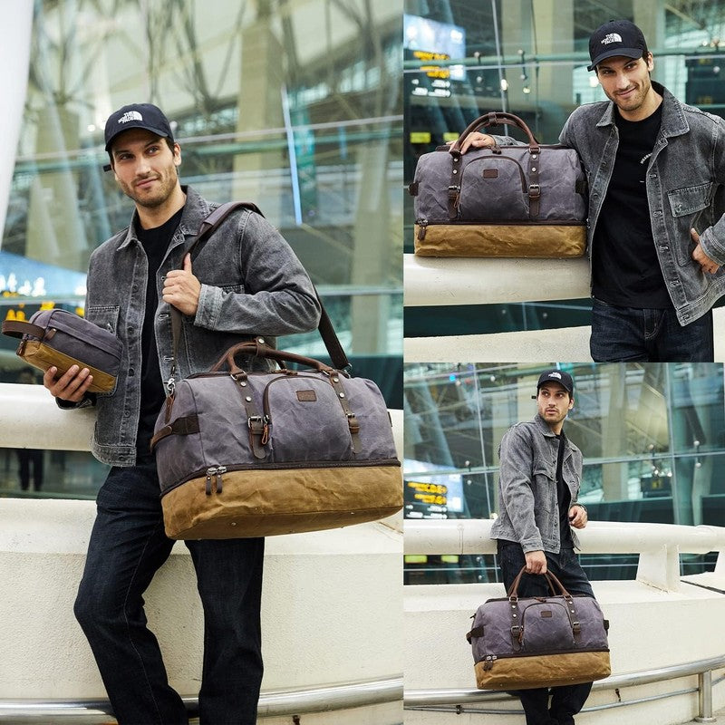 Nerlion Weekender Duffle Bag Gray Canvas Leather Carry On w/ Shoe Compartment6