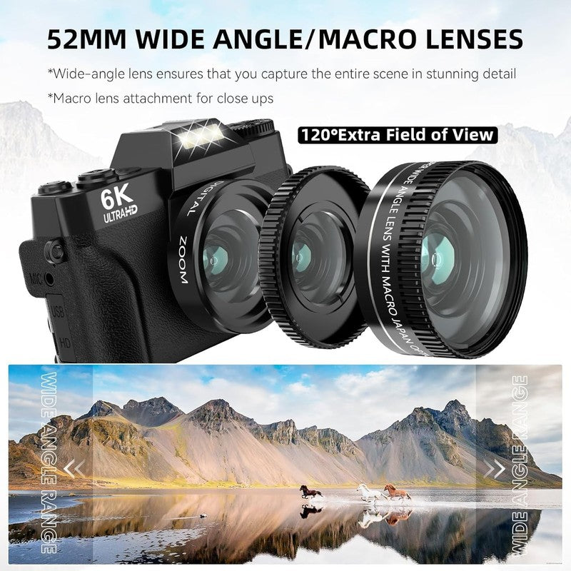 6K Digital Camera 64MP Vlogging WiFi 180° Flip Screen 16X Zoom 32GB Black4