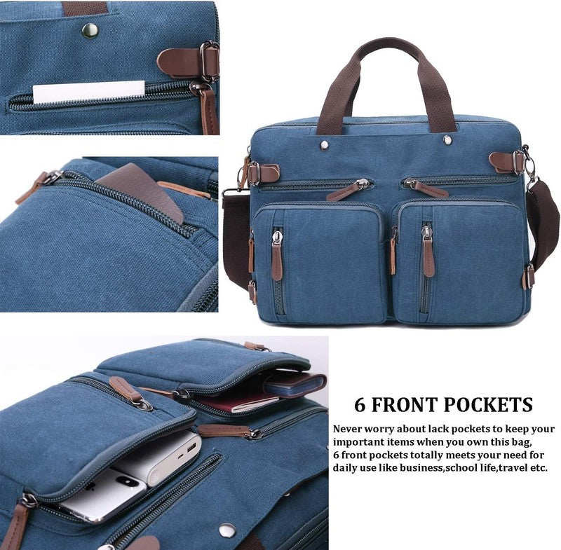 3 in 1 Canvas Laptop Bag 17.3 Inch Convertible Briefcase Multi Pocket Blue4