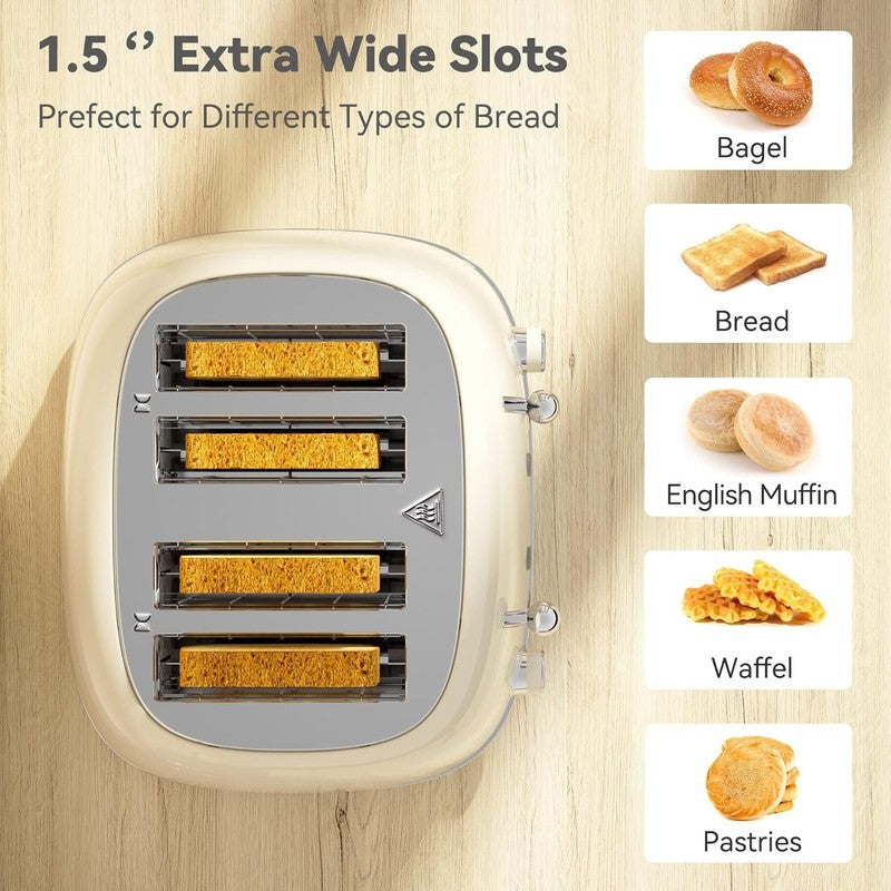 4-Slice Retro Toaster Cream 6 Shade Settings Cancel/Defrost/Reheat Wide Slots1