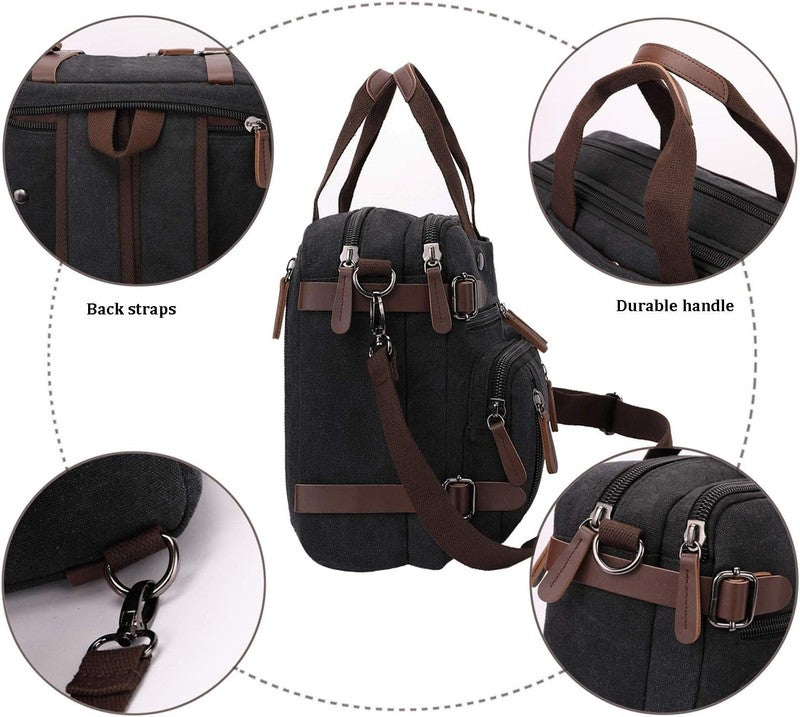 3 in 1 Canvas Laptop Bag 17.3 Inch Convertible Shoulder Travel Business Black6