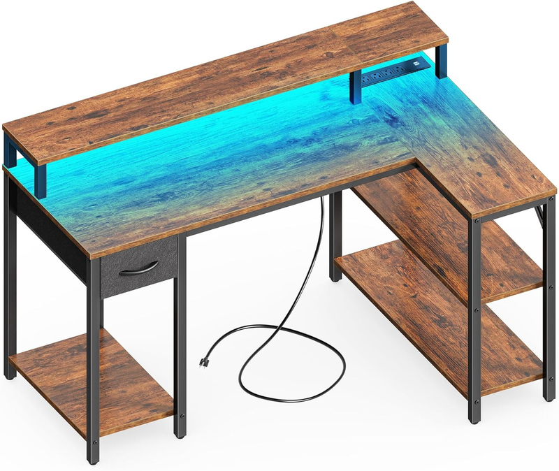 47'' Reversible L Shaped Desk LED Lights Power Outlets Gaming Rustic10
