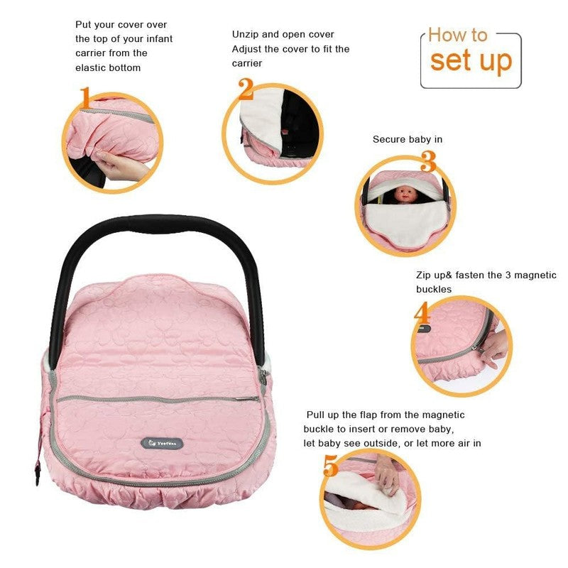 Winter Baby Car Seat Cover, Plush Fleece Canopy for Infants, Pink2