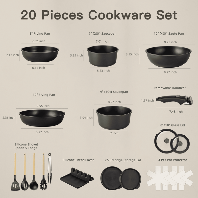 20 Piece Pots and Pans Set, Nonstick Cookware Set with Detachable Handles, Oven 8