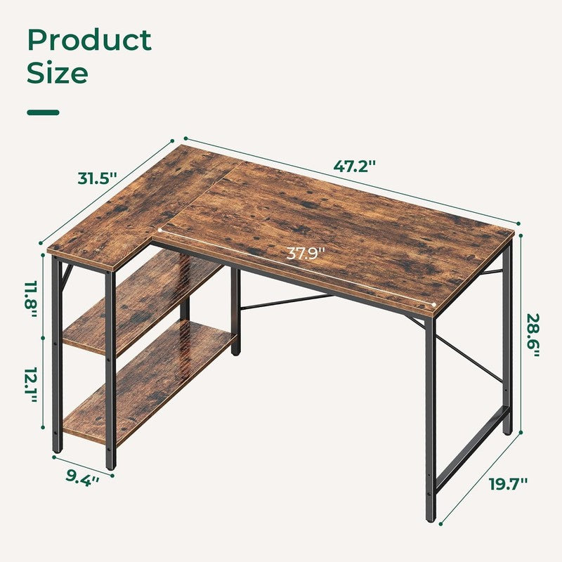 47 Inches L Shaped Desk, Computer Desk with Reversible Storage Shelves, for Gami2