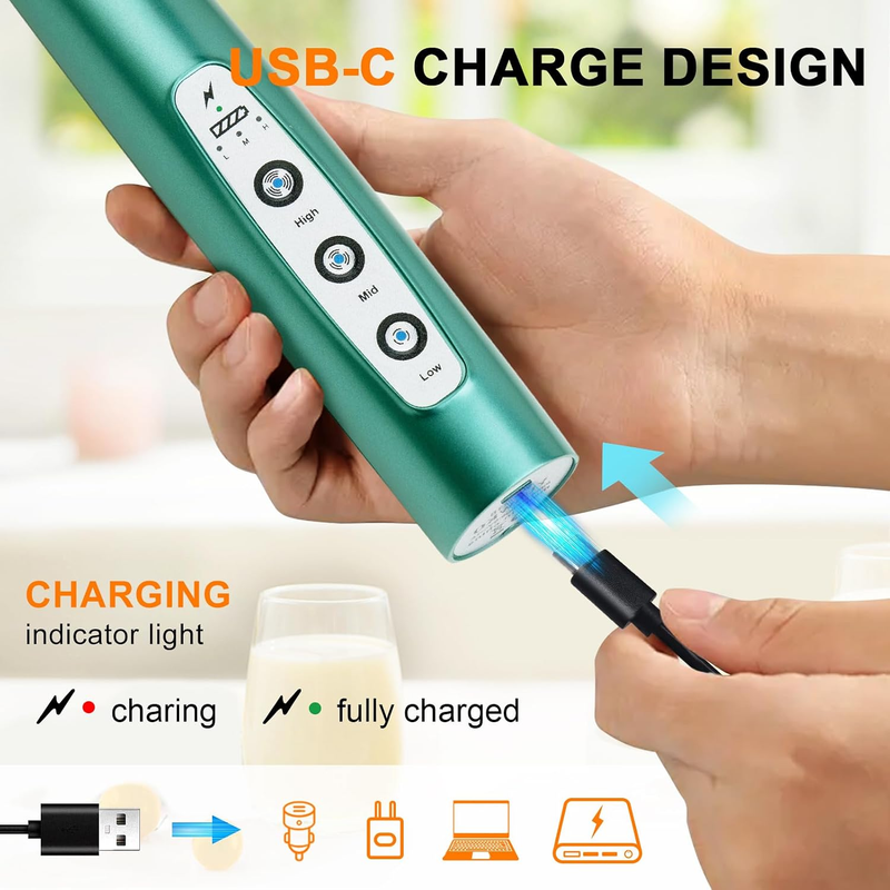 Milk Frother Handheld Rechargeable 3 Speed 3 Heads Coffee Whisk Green1
