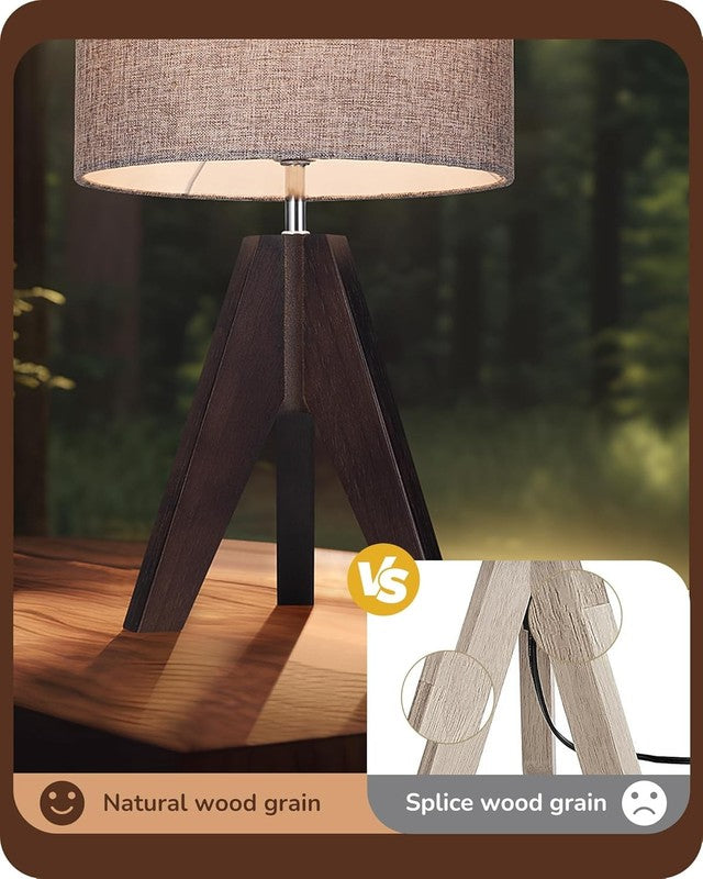 Boho Small Table Lamp Wooden Tripod Bedside Lamp Grey Linen Shade E26 14.2in1