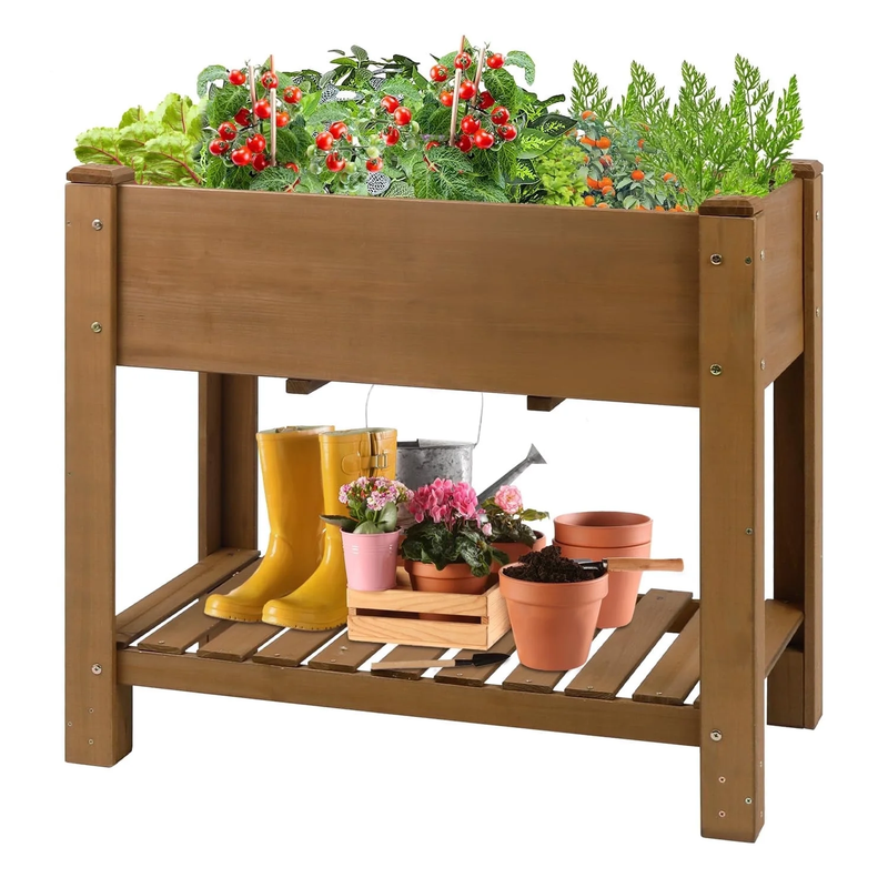 33" Raised Garden Bed Planter w/ Shelf – Wooden Herb & Vegetable Box7