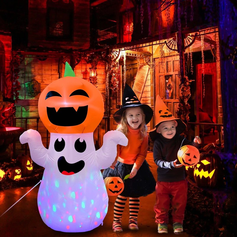 5Ft Halloween Inflatable Pumpkin Ghost w/ 360° Colorful LED Lights Yard Decor2