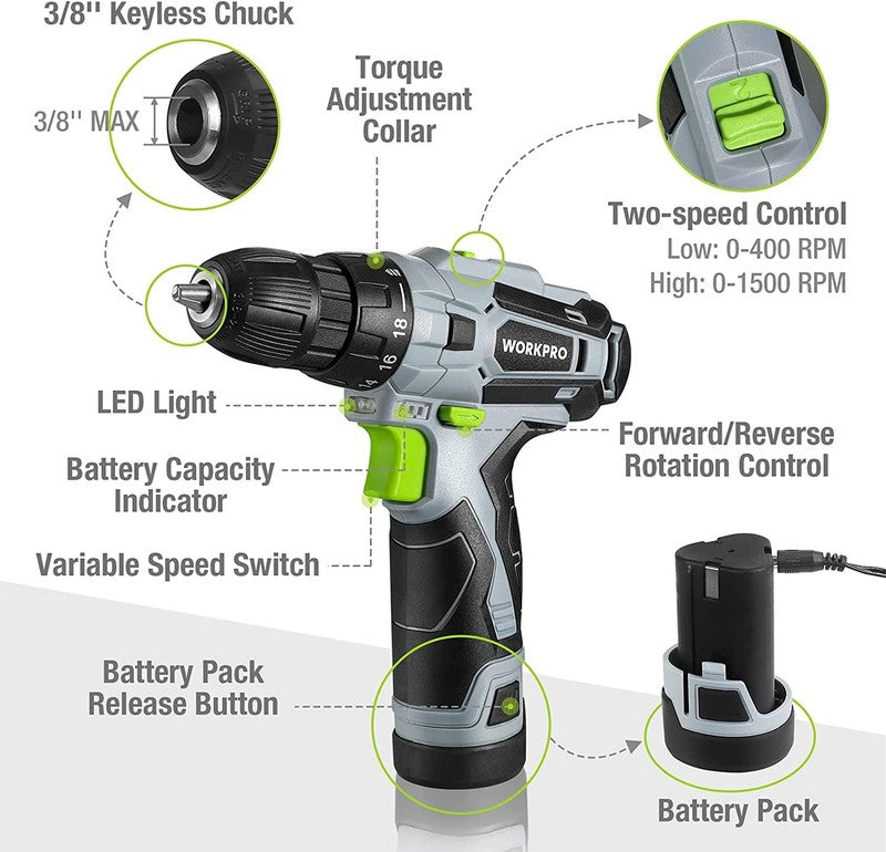 12V Cordless Drill Driver Kit 61 Piece Tool Set 14 Inch Storage Bag Battery Char2