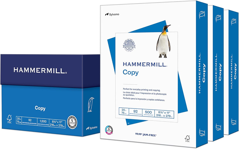 20Lb Copy Paper, 8.5x11, 1500 Sheets, 92 Bright, Made in USA, 3 Reams10