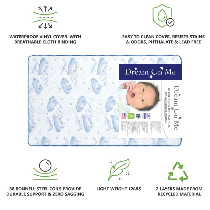 Twinkle 5" 88 Coil Crib Toddler Mattress Blue Clouds GREENGUARD Certified4
